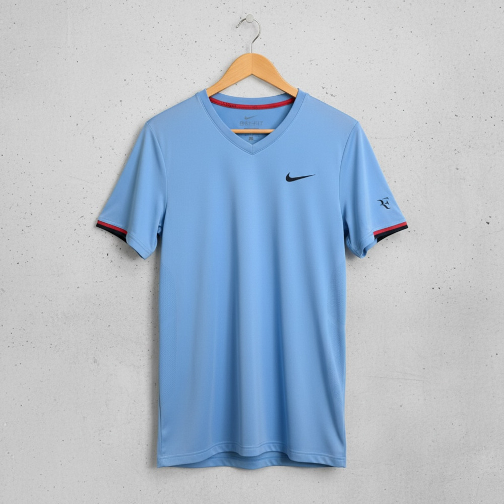 Nike Roger Federer RF Dri-Fit V-Neck Tennis Shirt Light Blue